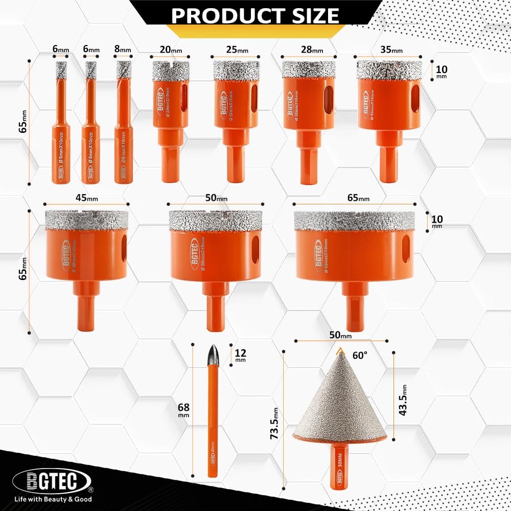 BGTEC Frese per Piastrelle - Punte Diamantate 6/6/8/20/25/28/35/45/50/65mm + punta smussatrice 50mm + punte trapano in carburo per Piastrelle, Ceramica, Marmo, Granito, Pietre Naturali(12 Pezzi)