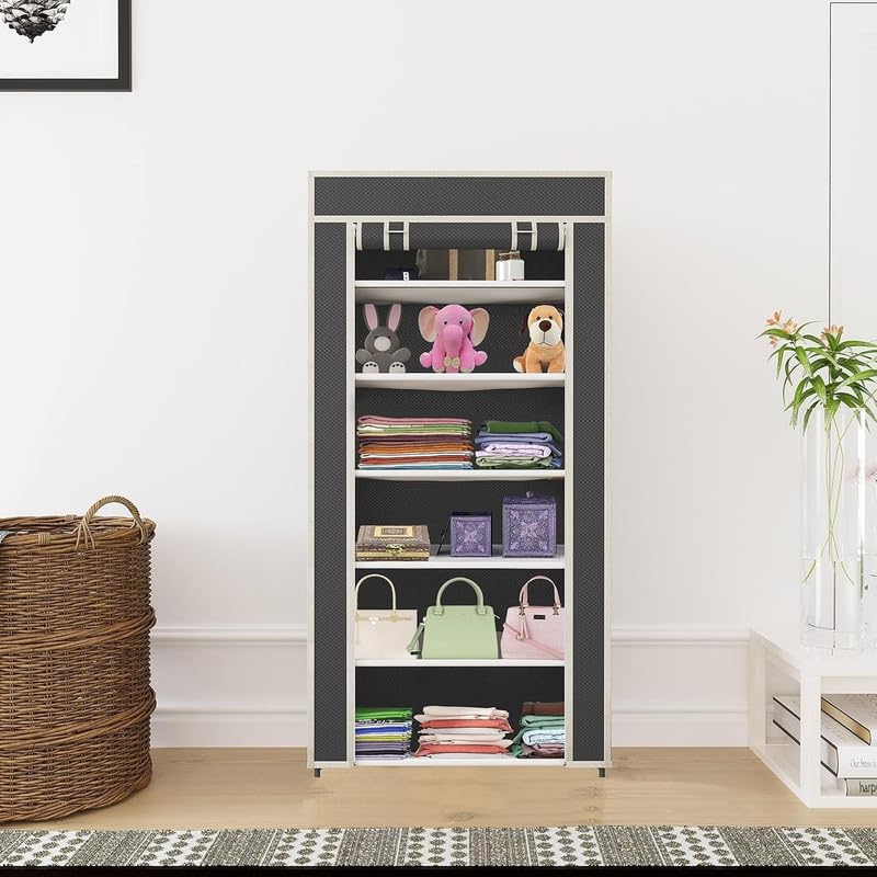 Image of GTC Collapsible Portable Foldable Wardrobe Storage Shelves Organizer for Clothes Racks Fabric Almirah Non Rustable Iron (6L, Grey) Storage Unit