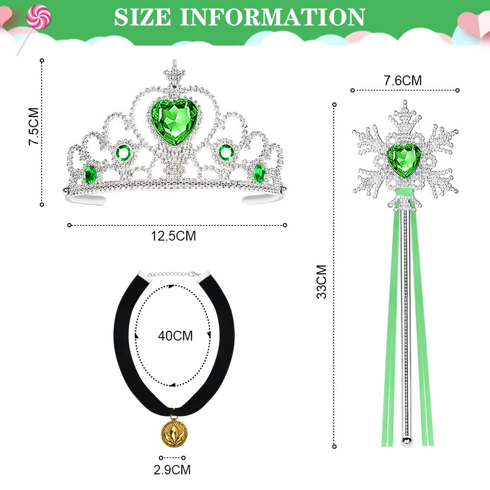 Vicloon 3PCS Nuovi Costumi da Principessa, Principessa Corona, Bastone da Neve Principessa, Collana di Flanella Nera con Pendente, Principessa Partito Costume Cosplay Vestire (Verde)