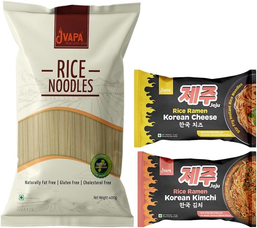 Jeju Rice Noodles - Naturally Gluten Free, Made with 100% Rice, Combo with Instant Noodles 540g (Korean Flavours with Seasoning) | Super Spicy KoreanKimchi & KoreanCheese