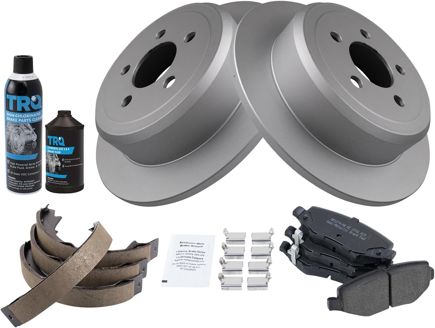 TRQ Rear Brake Pad & Rotor Kit Brake Chemical Kit Brake Pads Brake Rotor Parking Brake Shoe Set Semi-Metallic Compatible with 2007-2011 Dodge Nitro 2008-2012 Jeep Liberty
