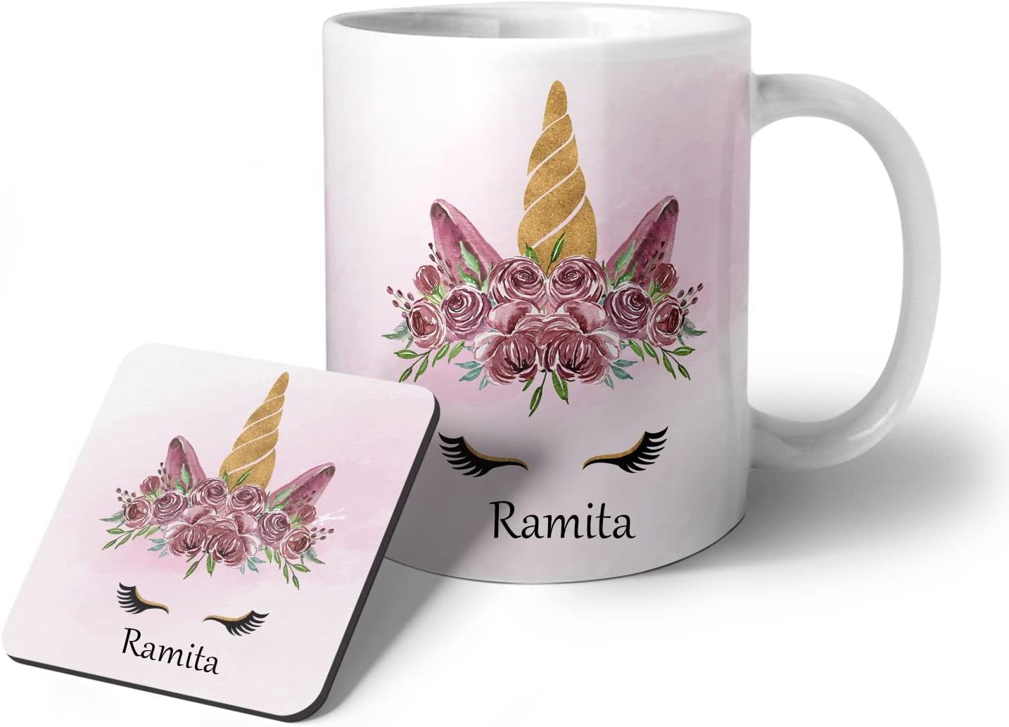 ASHVAH Unicorn Ramita Name Ceramic Coffee Mug and Coaster Combo Gift (Pack of 2) for Daughter, Sister, Wife, Name -Ramita