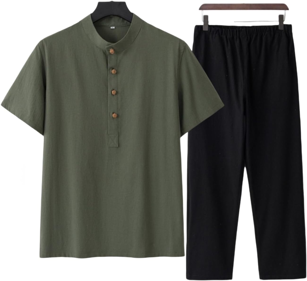 Men's Cotton Tang Suit Set Stand Collar Short Sleeve Shirt with Frog Buttons Loose Casual 2 Piece Outfit