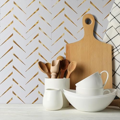 Miniatura 2 de DICOFUN 1 hoja de espiga blanca pulida para despegar y pegar contra salpicaduras para cocina, PVC mezclado metal dorado Chevron Stick en azulejos de