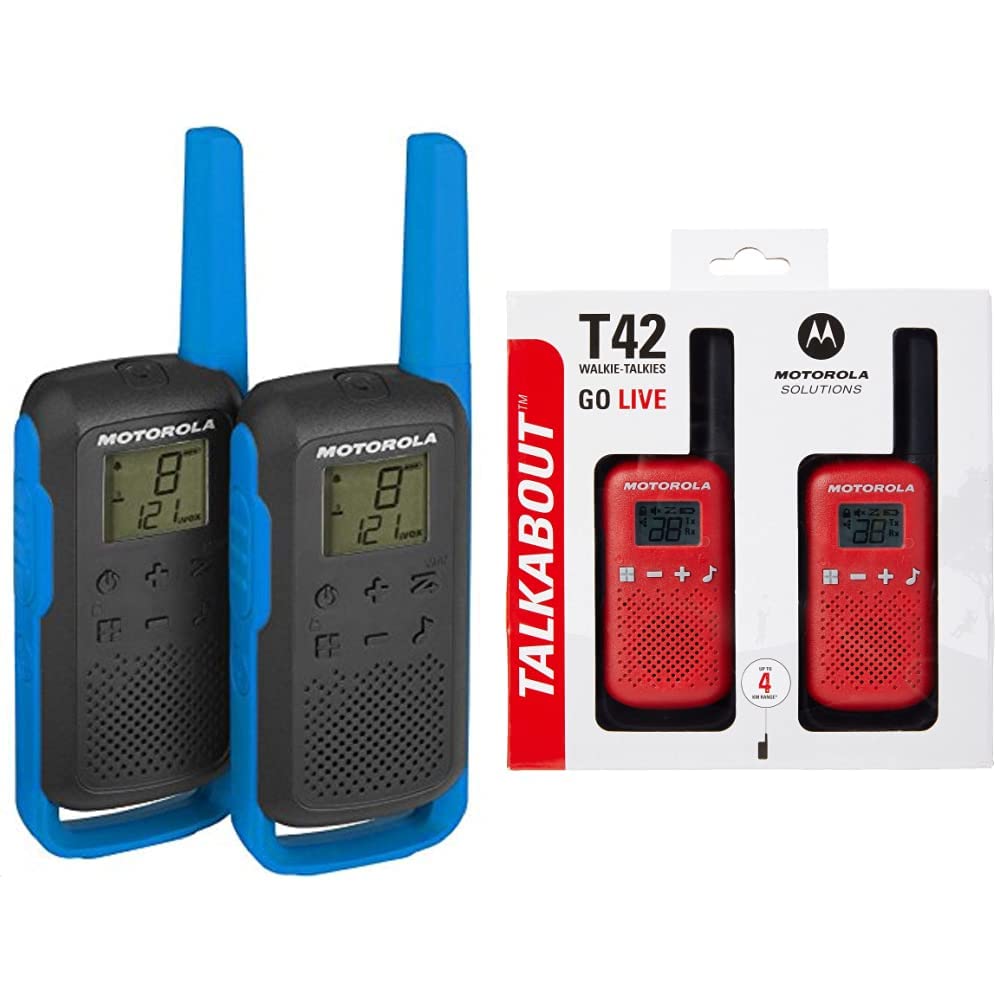 Motorola Talkabout T62 PMR-Funkgeräte (2er Set, PMR446, 16 Kanäle und 121 Codes, Reichweite 8 km) blau & Talkabout T42 PMR-Funkgeräte (2er Set, PMR446, 16 Kanäle, Reichweite 4 km) rot