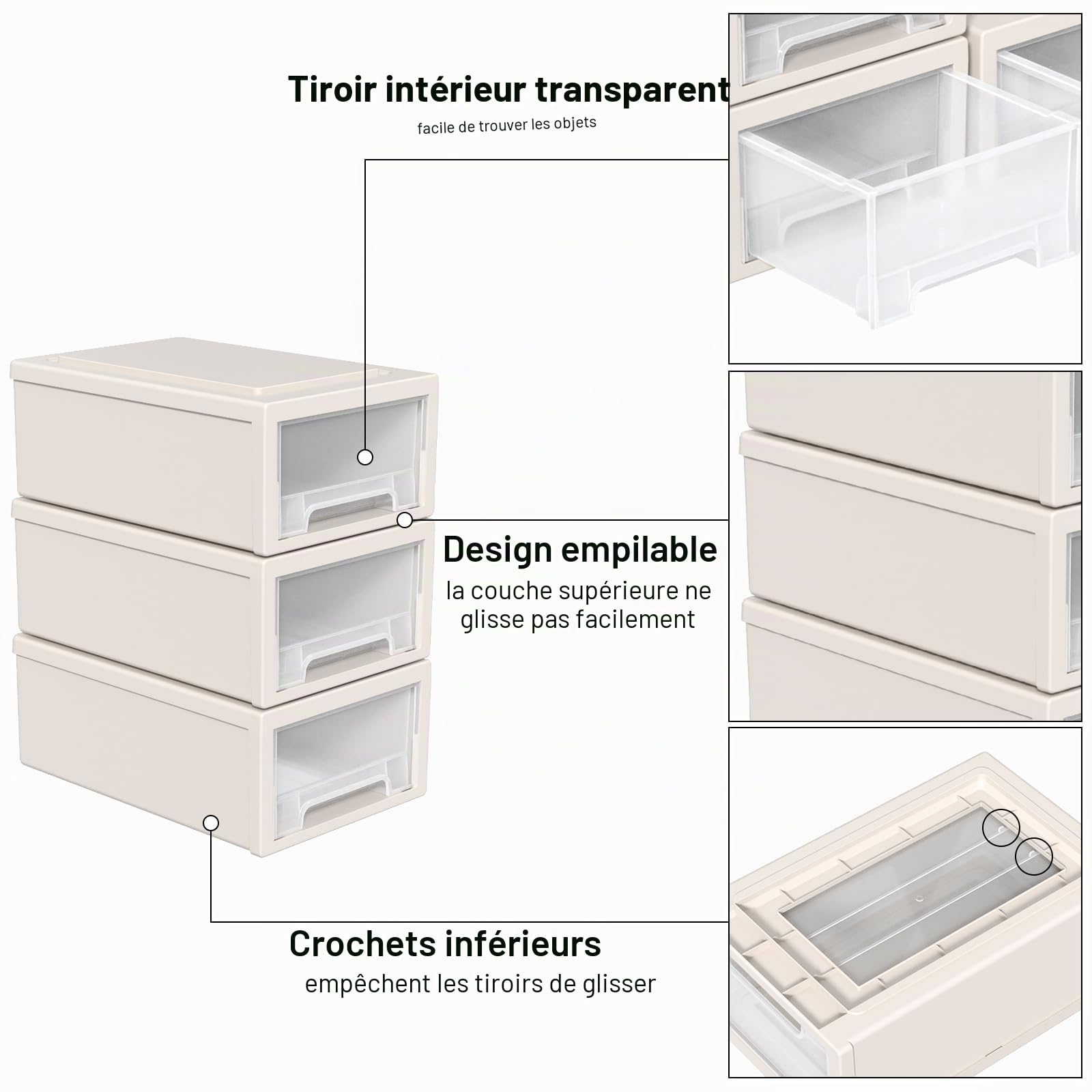Lot de 3 Tiroirs de Rangement Empilables en Plastique, Transparent Commode Empilable, 6,8 L