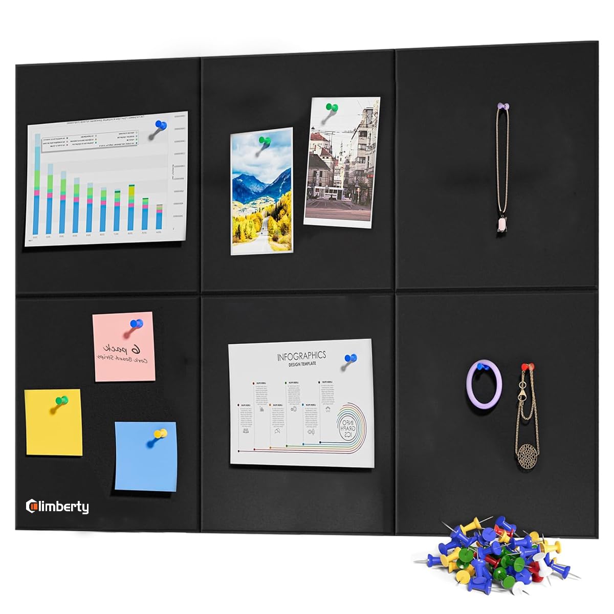 Climberty® 6Pcs Black Felt Bulletin Board 30x30cm Self-Adhesive Wall Board with 50pcs Drawing Pins Felt Message Board for Notes Photos Reminders Decoration Schedules for Office Home Dorm (Black)-image-8