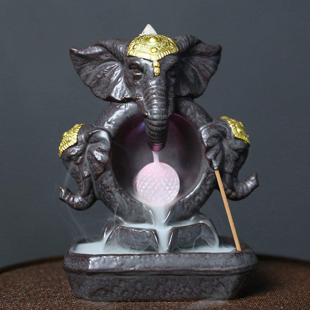 New Lucky Feng Shui Elefant Gott Statue Home Decoration Handwerk Keramik Wasserfall Weihrauchbrenner mit LED Farbwechsel Ball, XL2022 und 20 Weihrauch