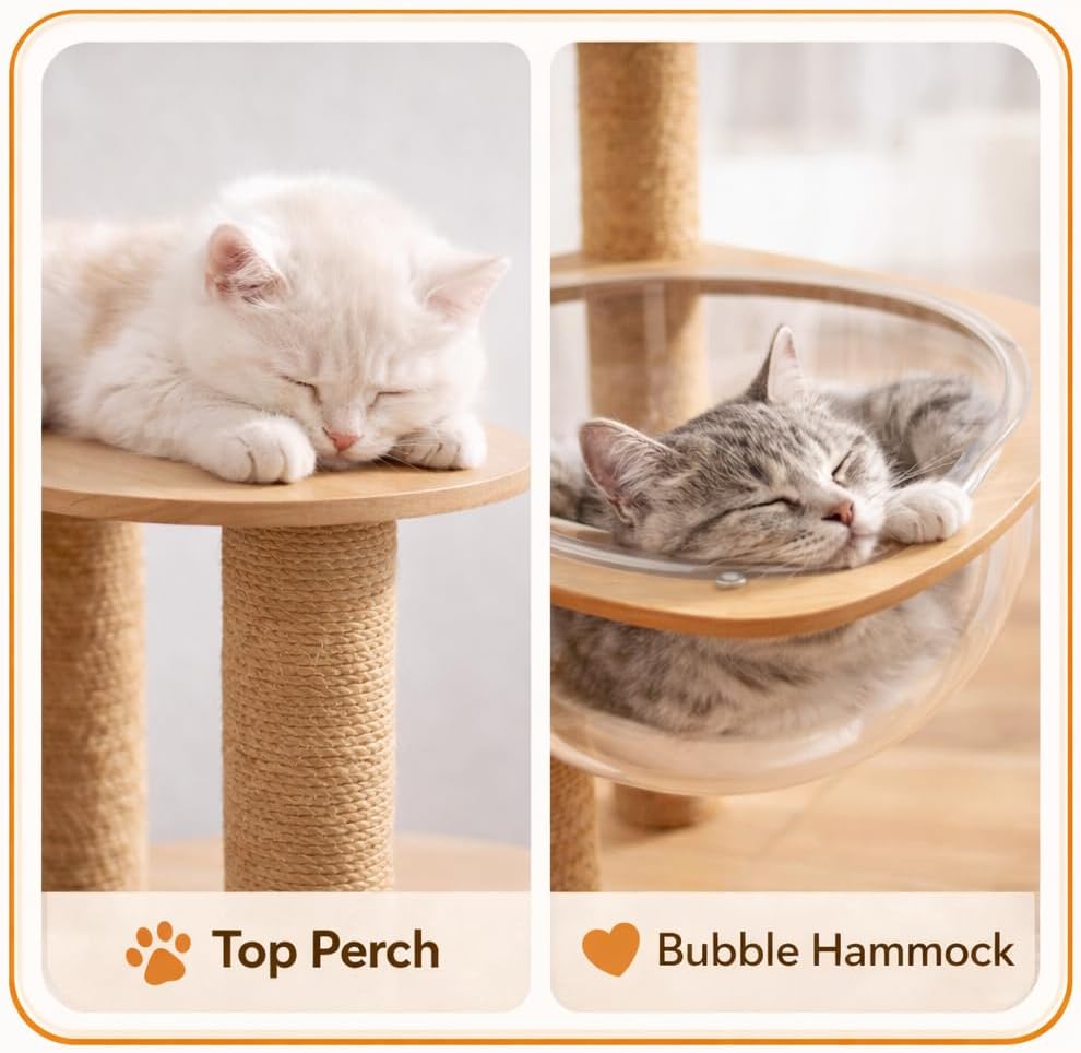 32IN Cat Tree with Clear Acrylic Bowl Bed, Multi-Level Cat Tower with Sisal Scratching Posts, Wooden Platforms and Hanging Toy, Indoor Cat Climbing Activity Furniture