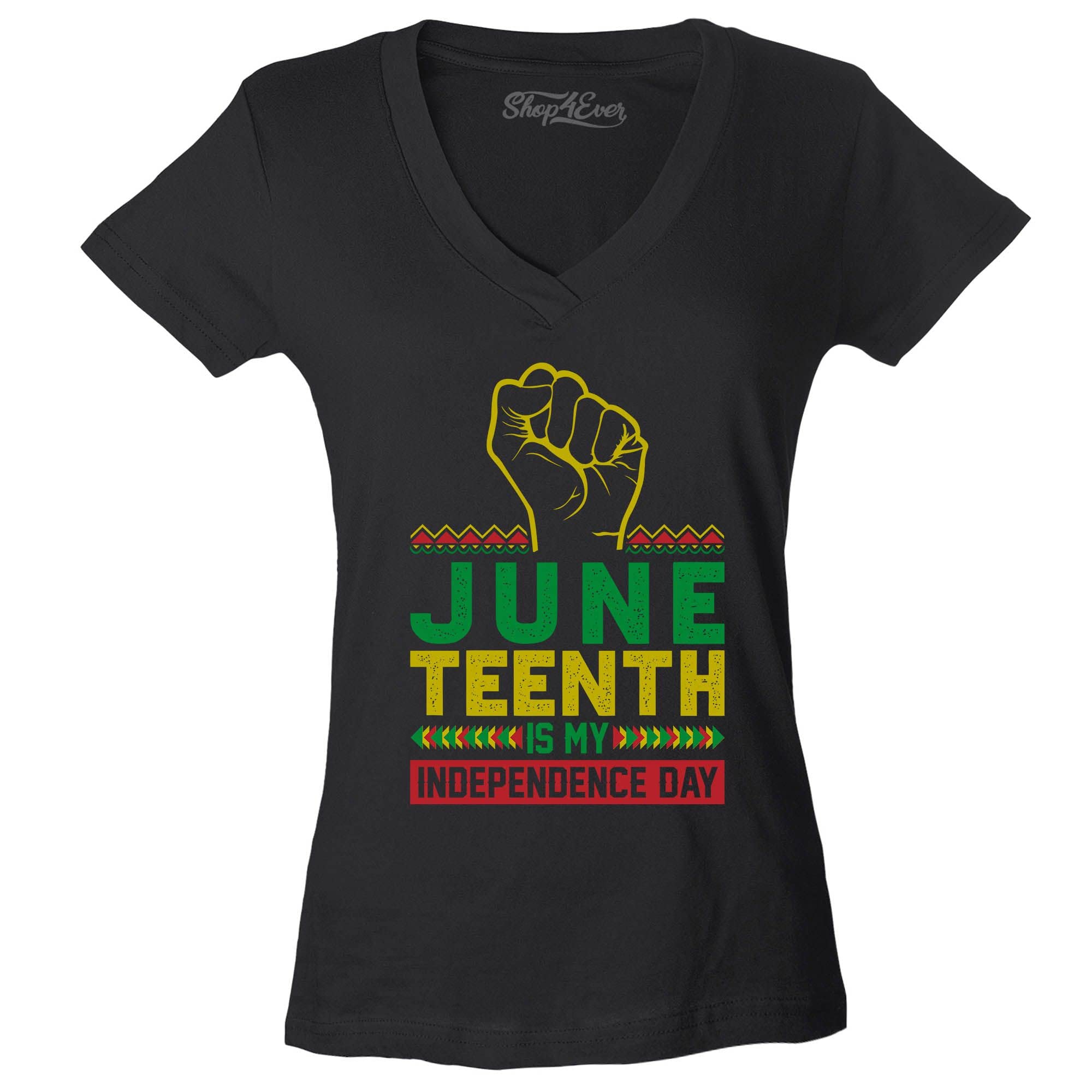 shop4ever Juneteenth is My Independence Day 19. Juni 1865 Damen V-Ausschnitt T-Shirt Slim Fit
