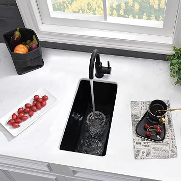 Black Bar Sink Undermount-VASOYO 10x18 Small Kitchen Sink Undermount Outdoor Rv Sinks Black Quartz Composite Deep Single Bowl Small Wet Bar Sinks with Bottom Grid