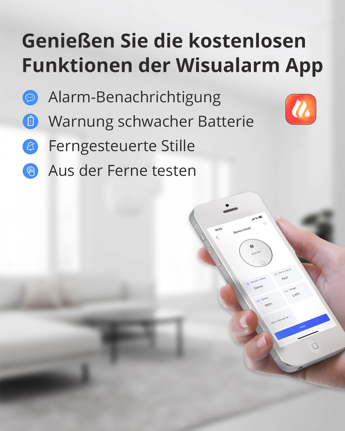 Wisualarm Rauchmelder WLAN, Rauchmelder Smart kompatibel mit Wisualarm App, Feuermelder WiFi TÜV-Zertifiziert nach EN 14604 (WLAN 3 Stück)