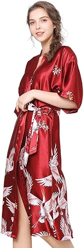 Miureal Bata tipo kimono para mujer, de satén de seda, suave, ligera, con estampado para dama de honor, spa, casa, WineRed