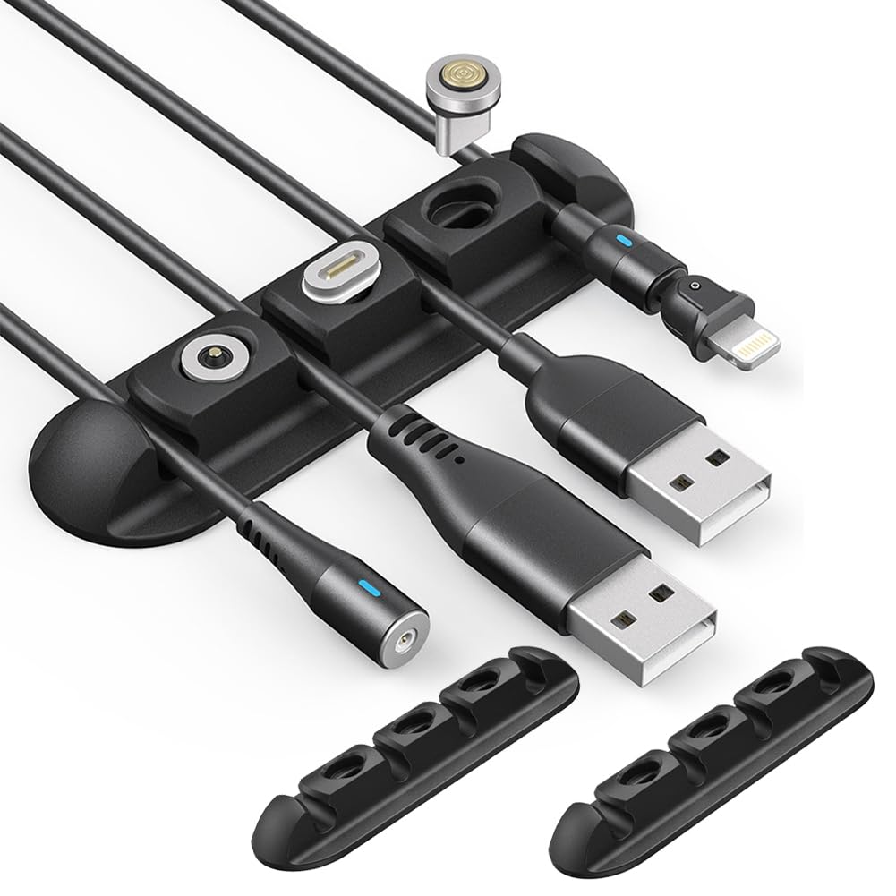 Cable Clips,2 Pack Cord Organizer,Cord Management,USB Cable Holder with 3 Magnetic Connector Adapter Slots for Desk,Wall,Nightstand, Phone Charger, Office, Car Black