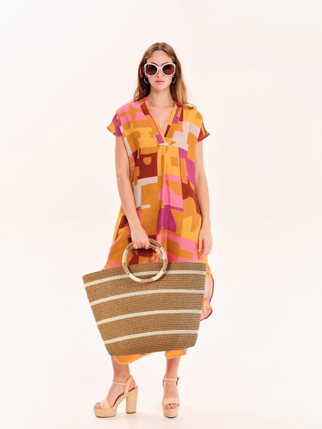 TOFUNTOY Beach Bags for Women Straw Tote Bag Summer Beach Bag Large Woven Straw Tote for Vacation Holiday