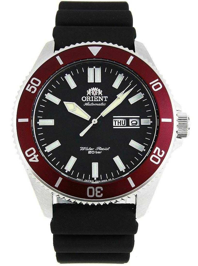 OrientRA-AA0011B Men's Kano Silicone Band Red Bezel Black Dial Automatic Dive Watch, Red, Dive Watch