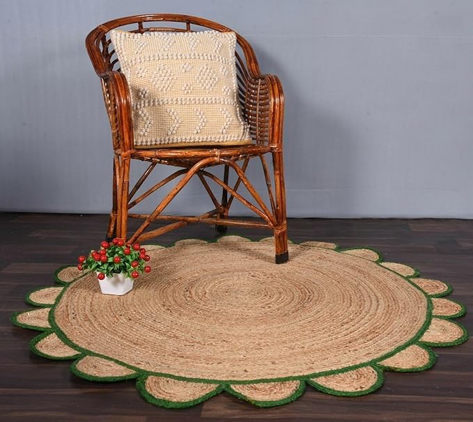 Tapis en jute fait main rond 60 cm avec détails vert olive, l'élégance artisanale pure