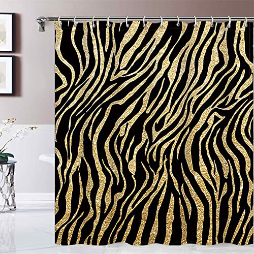 Renaiss Zebra Pattern Shower Curtain Glitter Golden And Black Zebra Pattern Luxury And Elegance Waterproof Polyester Bathroom Curtain For Bathroom Decor 70Wx72L Inches #TOP2