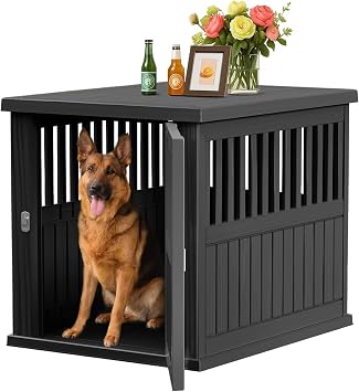 40 INCH Large Dog Crate Furniture End Table, Dog Kennel Indoor with Lockable Latch, Decorative Plastic Dog Crates for Small to Large Dogs, Black