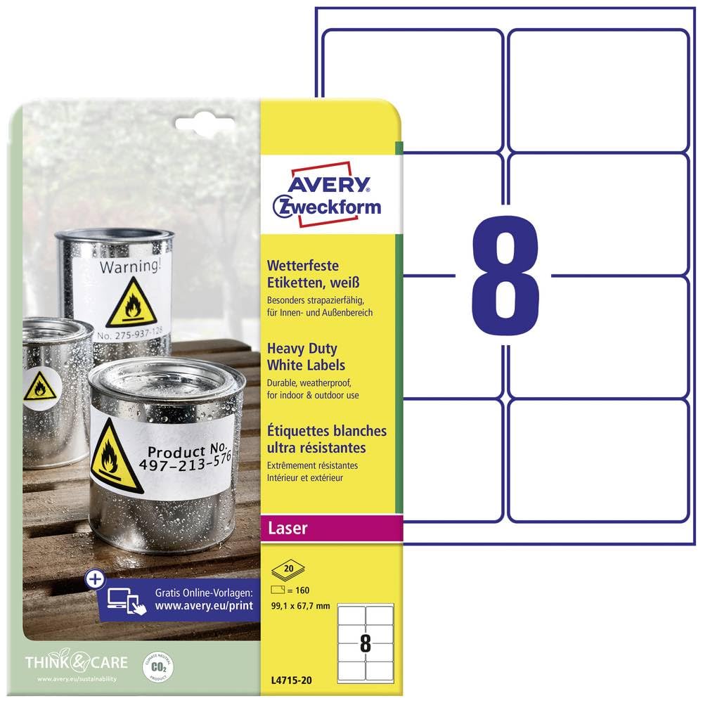 AVERY Zweckform L4715-20 Wetterfeste Folienetiketten (160 Klebeetiketten, 99,1x67,7mm auf A4, extrem stark selbstklebend, wasserfest, strapazierfähig, bedruckbare Outdoor Klebefolie) 20 Blatt, weiß