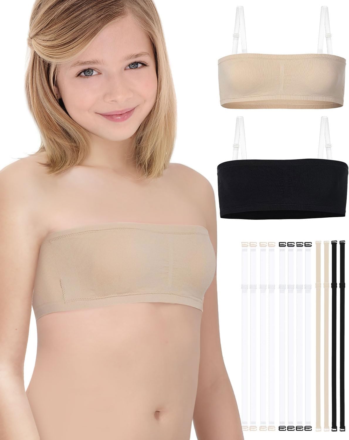 Girls Bandeau Bra Seamless Clear Strap Training Bras for Girls Sports Tube Top with Adjustable Clear Straps 7-16Y