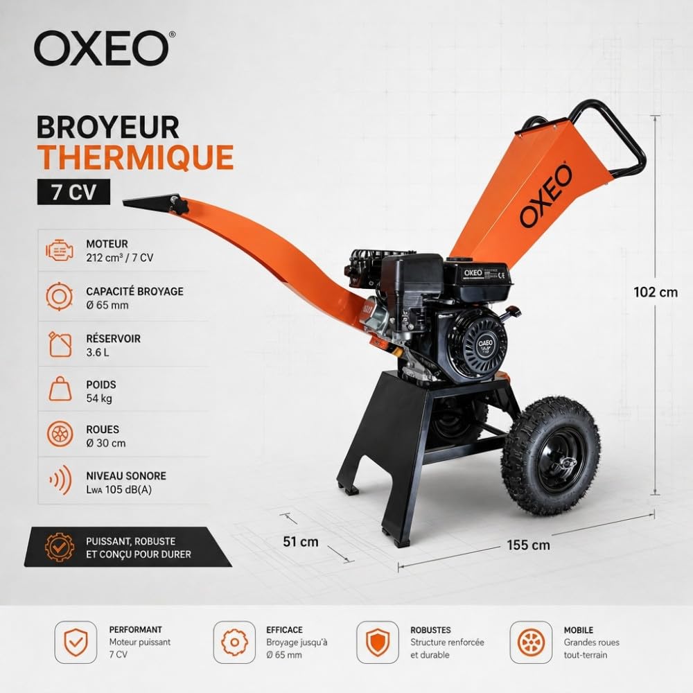 Broyeur de végétaux thermique 212 cm³ – 7 CV – Pour branches 65 mm - Trémie articulée et goulotte orientable