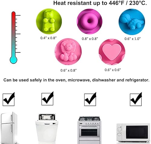 Miniatura 3 de LeLehome Juego de 5 moldes de silicona para gomitas, osos, dinosaurios, animales, donas, 261 cavidades con 2 goteros, antiadherentes, sin BPA para