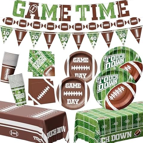 Ecomore Football Party Supplies Kit - 205PCS Football Party Decorations (Serve 50) with Disposable Paper Plates and Napkins Cup Banners Touchdown Tablecloth Birthday Football Game Tailgate Party Decor Cover