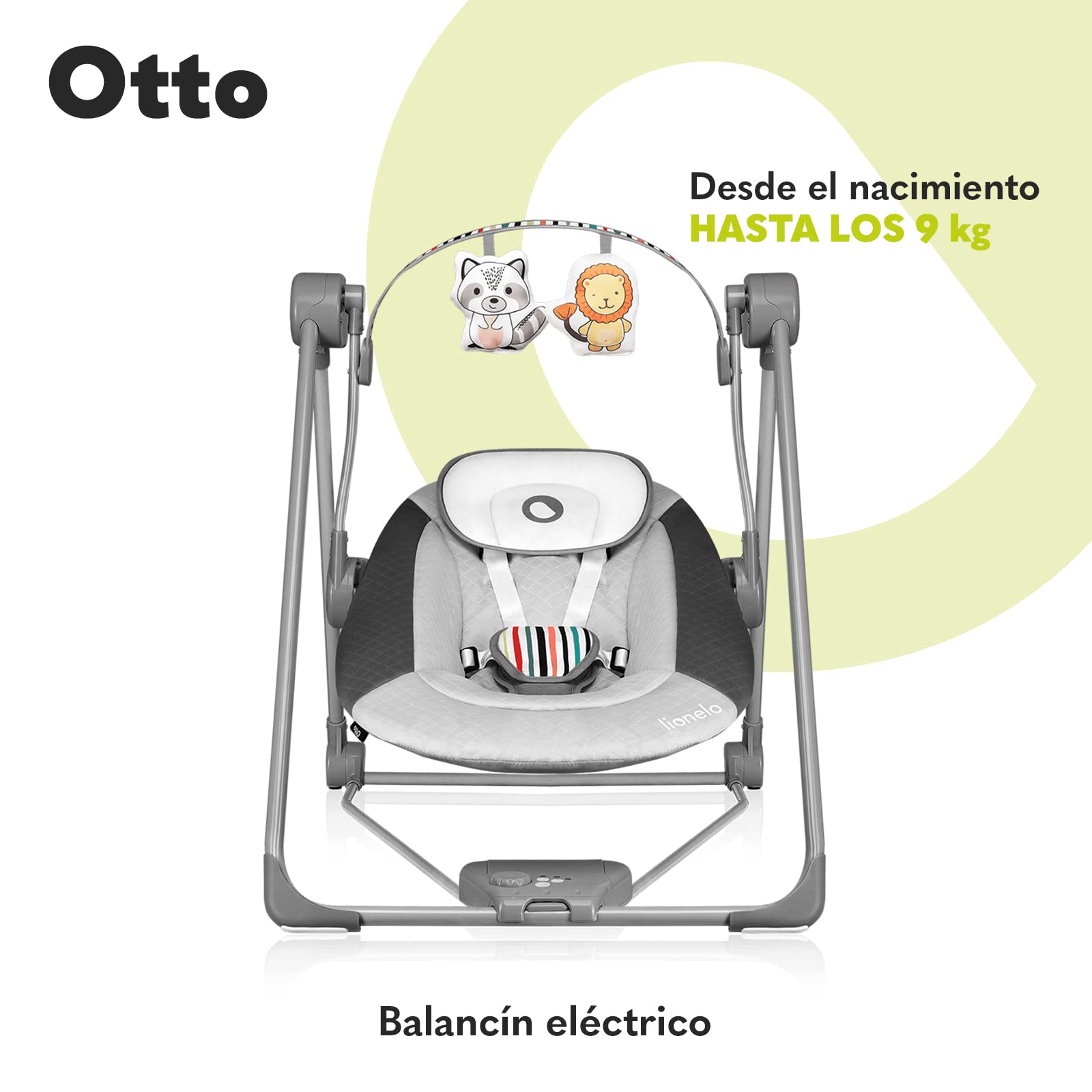 LIONELO Otto Columpio portátil para bebés hasta 9 kg, 5 velocidades de balanceo, Sistema de Cinturones de Seguridad, Fácil Montaje, Arco de Juguetes interactivos Ajustable Gris (Gris)