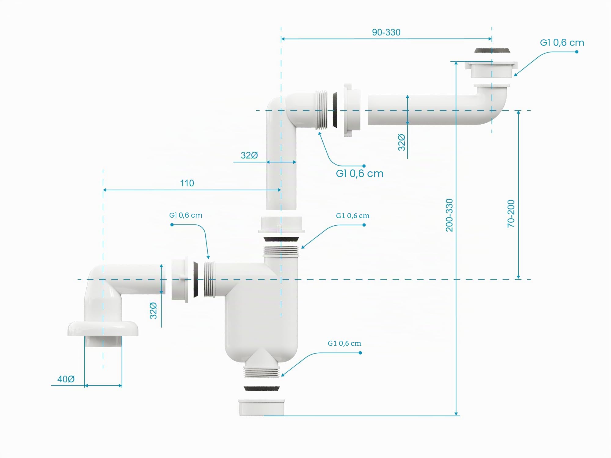Aqua Bagno Sifone salva-spazio per lavabo - Sifone per mobili da bagno - Sifone salva-spazio - Sifone piatto - Bagno - Regolabile in modo flessibile - G 1 1/4 pollici - DN32