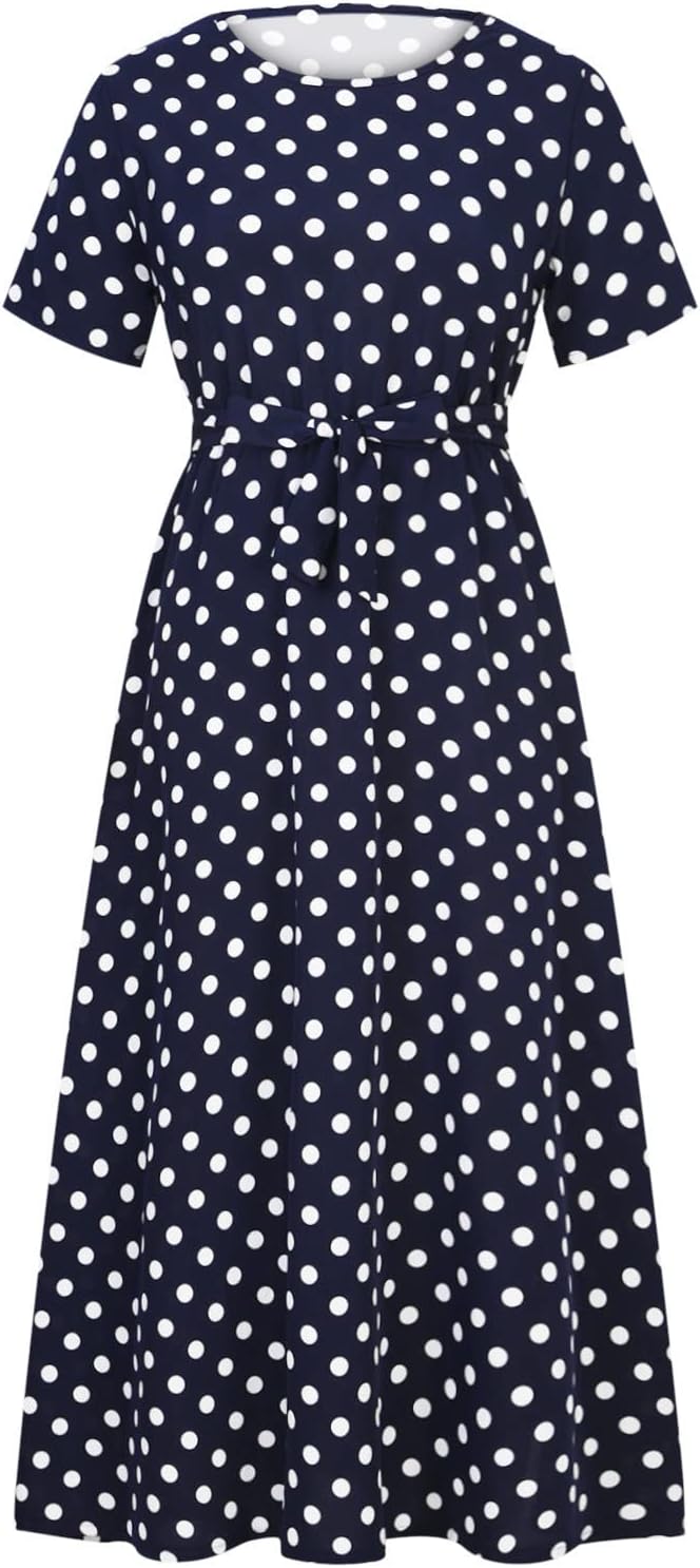 Maxi Dress for Women Boho Summer Polka Dot Print Casual Short Sleeve Long Dresses Flowy Swing Beach Sundress - Image 8