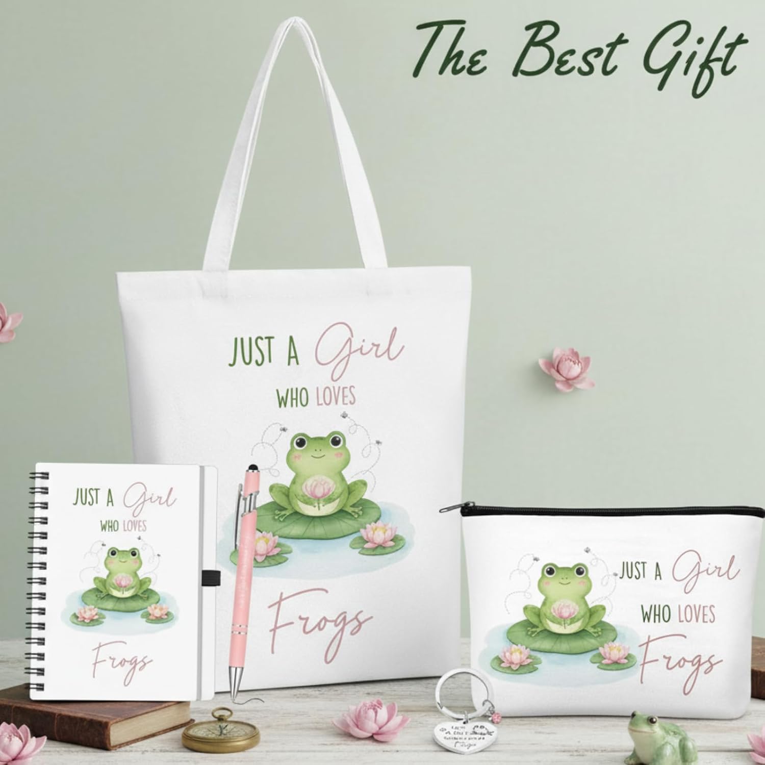 Ceenna 5 Pcs Frog Gifts for Women, Just a Girl Who Loves Frogs Cosmetic Makeup Bag, Canvas Bag, A6 Spiral Notebook Lined Journal, Writing Gel Ink Pen and Funny Keychain for Girl Animal Lovers Gift - view 3