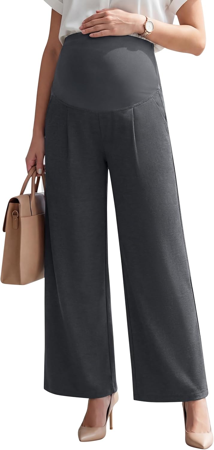 OUGES Women's Stretchy Maternity Pants Over Belly Wide Leg Business Casual Work Trousers Pleated Dressy Pants with Pockets