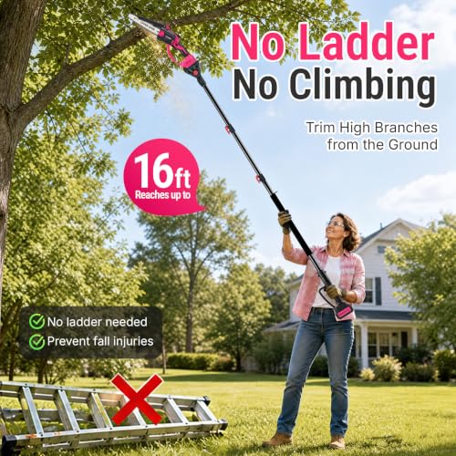 Image of 2-in-1 Pink Cordless Pole Saw for Tree Trimming, Branches Cutting