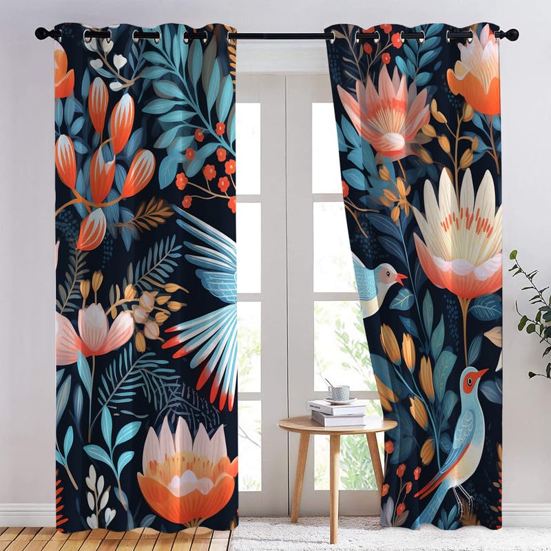 Rideau Occultant Floral - Rideaux Isolant Thermiques à Oeillets 140x200, Motif Fleurs Oiseau - Rideaux Salon Chambre Fenetre - Rideau Opaque - Lot de 2 Rideaux et Draperies Intérieurs