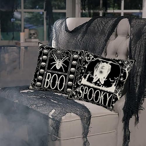 Miniatura 10 de Juego de 4 fundas de almohada vintage de Halloween de 18 x 18 pulgadas, diseño gótico espeluznante de Halloween, diseño de araña, calabaza, 31 de