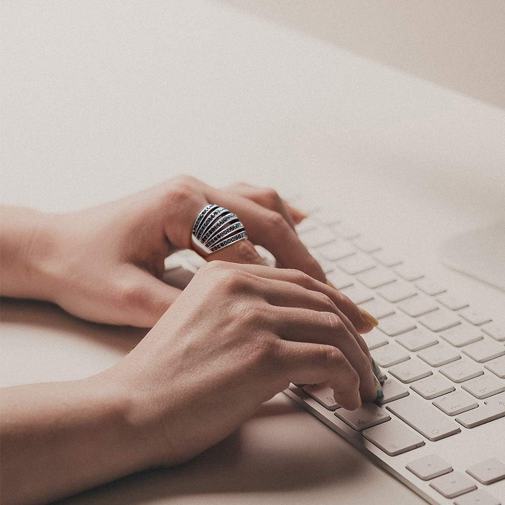 Mytys Vintage Wide Ring Classic Black Marcasite Crystal Rows Statement Silver Chunky Rings - Image 4