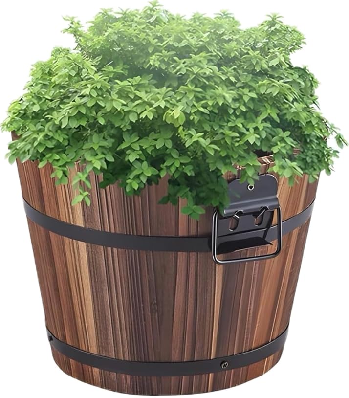 PaMeer Rustic Wooden Barrel Planters – Wooden Bucket Barrel Planter, Flower Pots Boxes Container, Large Round Garden Pots with Drainage Holes for Outdoor & Indoor Plants (Large)