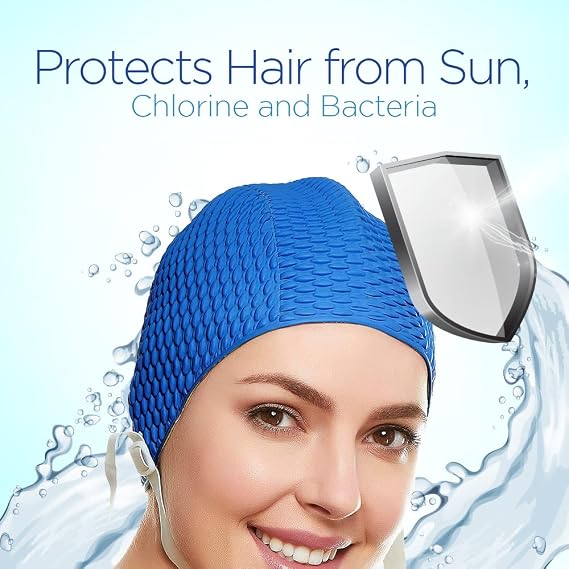 BeeMo Womens Latex Swim Cap - Rubber Swim Cap - Soft Comfortable Stretch Stylish Low Cut Design Protects Hair from Sun Salt or Chlorine Perfect for Water Activities Optional Chin Strap Available