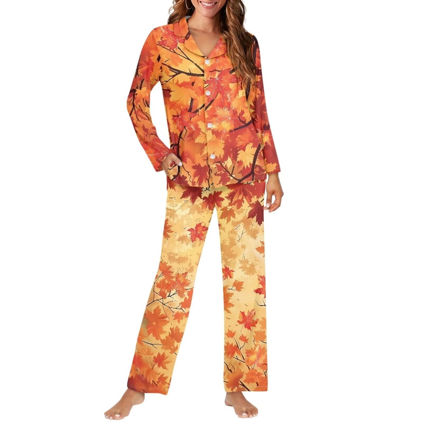 Biyejit Conjunto de pijama para mujer, estilo casual, con botones, cuello en V, bolsillos y bolsillo, tallas XS-4XL, 2 piezas, Hojas de arce otoñales, 4XL