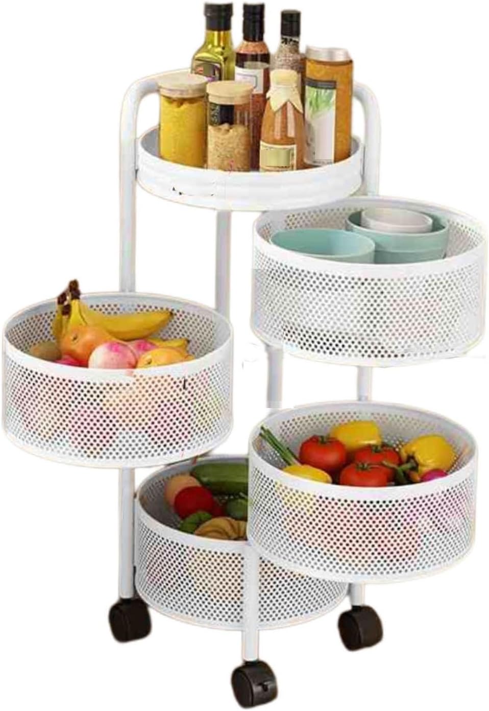 Round Rotating Fruit and Vegetable Shelf,Multi-Layer Storage Rotating Basket,Bathroom Shelf with Wheels,for Kitchen Bathroom Bedroom(White,4 Tiers)