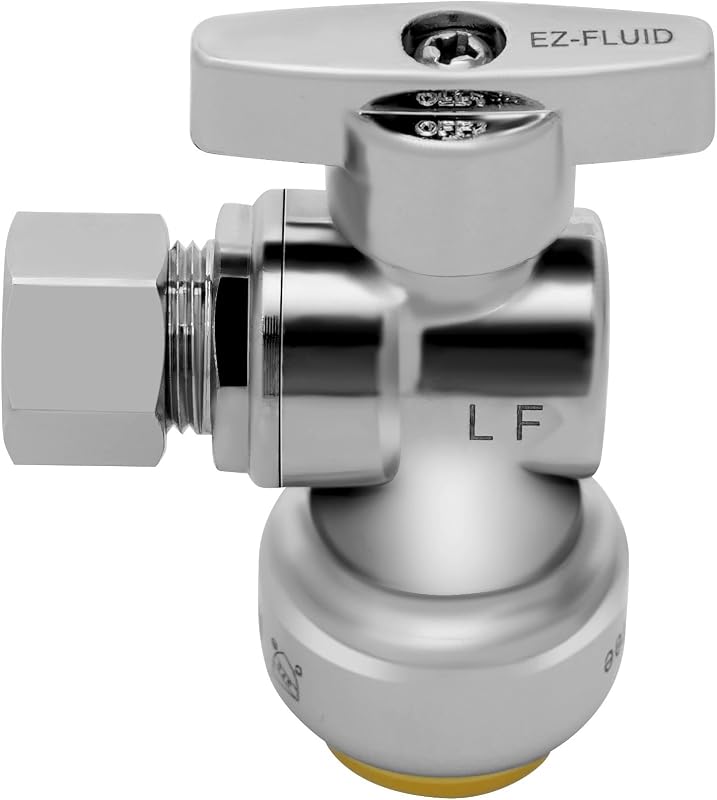 (1) EZ-FLUID 1/2" Copper Push-Fit (5/8" OD) x 3/8"OD Outlet, sharkbite-type Angle Stop Valve 1/4 Turn Water Shut Off Metal Handle For Copper & PEX Pipes Plumbing,Bathroom,Kitchen,Laundry Sink