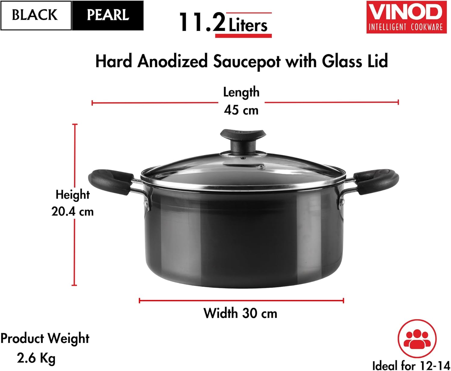 Vinod Black Pearl Hard Anodised Saucepot with Glass Lid 379 oz Capacity 12 inches with Riveted Sturdy Handles - 3.25 mm Thickness, Black (Gas Stove Compatible)