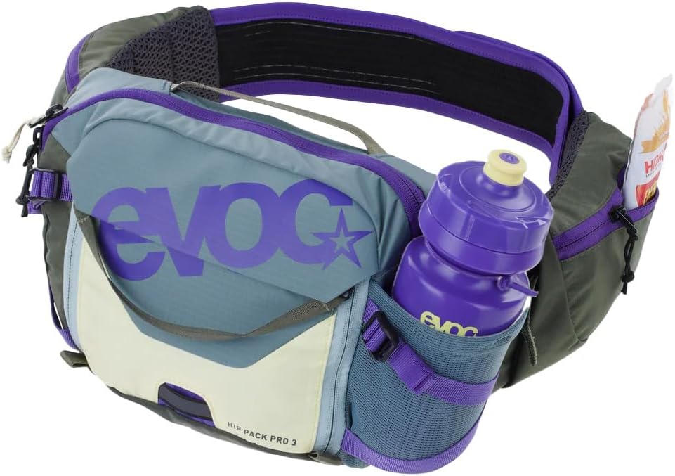 EVOC Hip Pack Pro 3, Waist Bag (AERO Flex Waist Belt, Bum Bag with Air Flow Contact System, Mesh Material, Tool Compartment, Perfect Bicycle Accessories for Trail Lovers), Steel - Purple - Dark Olive