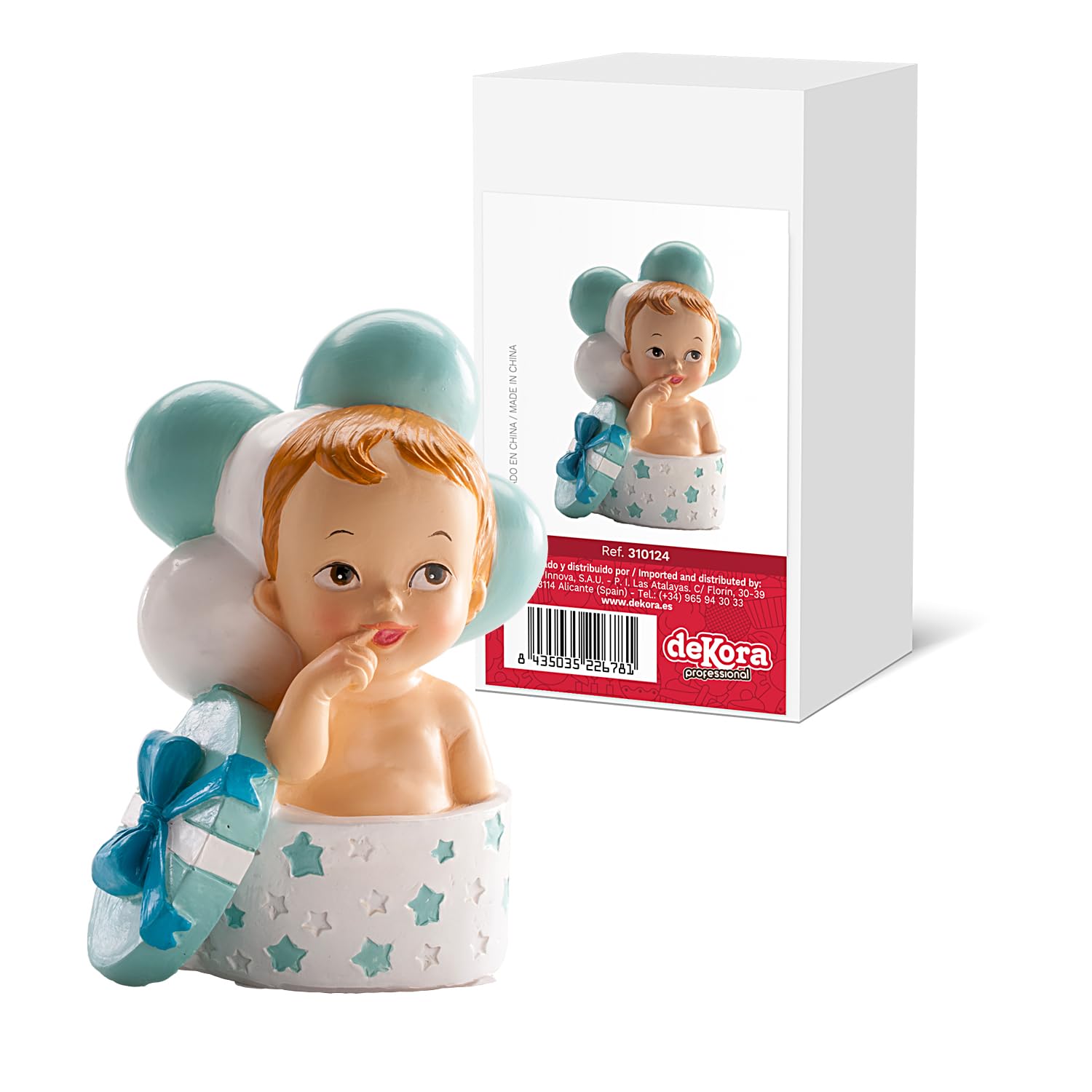 dekora – Décoration Baptême Garçon, Figurine en résine, Bébé avec Cadeau et Ballons, 10 cm, Décoration Gâteau Baptême, Design Original et Détaillé, Cake topper Apte au Contact Alimentaire