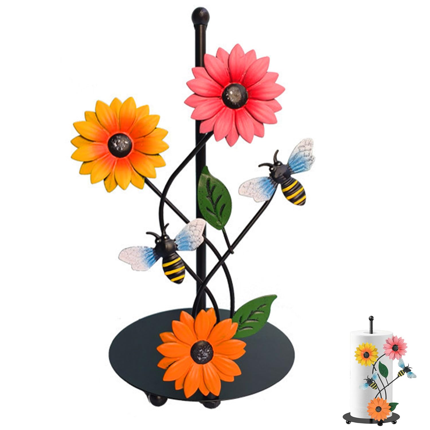 Dispenser Per Rotoli Da Cucina, Portarotolo Da Cucina In Piedi, Supporto Per Rotolo In Piedi, Portarotolo Da Autoportante Nero - Piccole Api Girasole In Ferro, Decorazione Creativa per Casa