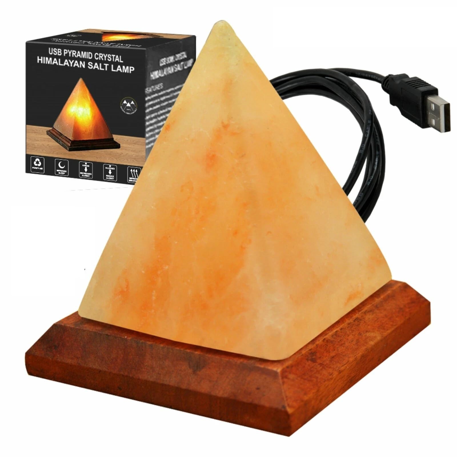 ONEX Himalayan Salt Lamp – USB Crystal Night Light with Wooden Base, Natural Rock Lamp for Sleep, Breathing, Home Décor, Desk or Bedroom (Pyramid Design)