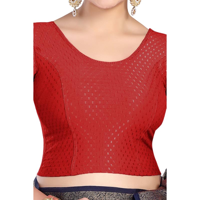 Image of FINESTFIT Round Neck Stretchable Elbow Sleeve Readymade Saree Blouse for Women, 100% Cotton Dobby Fabric