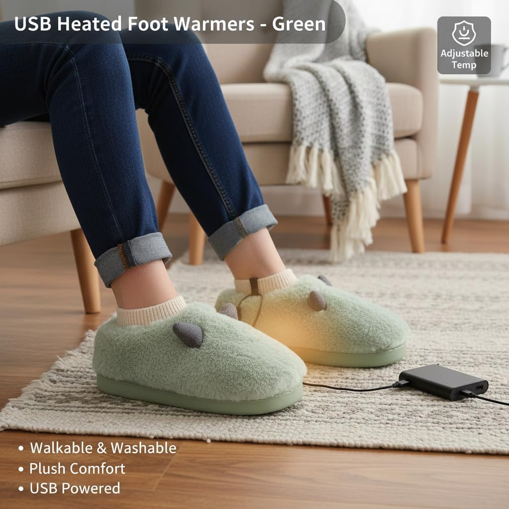 ZJchao Electric Foot Warmer, USB Heating Shoes 3 Gears Adjustable Temperature Heated Slippers Women Walking Heated Slippers House Feet Heater Shoes for Bedroom Dormitory Office School Garden (Green)