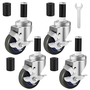Besitu 3 Inches Prep Table Wheels Set of 4, Expanding Stem Caster Fit 7/8" and 1" ID Tube Leg with Side Brake for Stainless Steel Table, Cart, Furniture Legs, Commercial Kitchen Appliances, Workbench